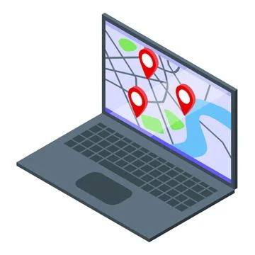 Isometric laptop with gps map and location pins 스톡 일러스트