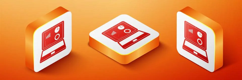 Isometric Laptop with graph chart icon isolated on orange background. Report Stock Illustration