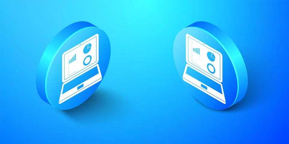 Isometric Laptop with graph chart icon isolated on blue background. Report text Illustrazione stock