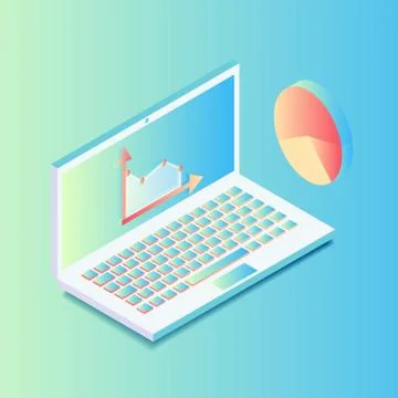 Isometric laptop with graphics in gradient colors. Illustrazione stock