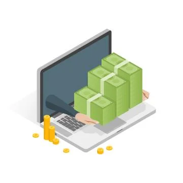Isometric laptop with money stack vector illustration 库存插图