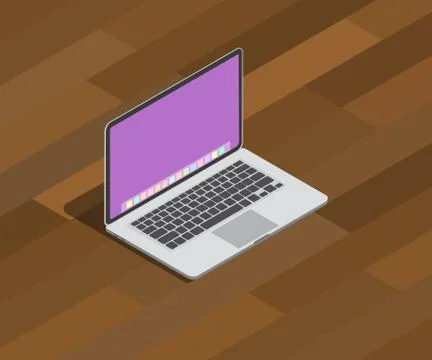 Isometric laptop notebook 3d style on top of wooden table with shadow Illustrazione stock