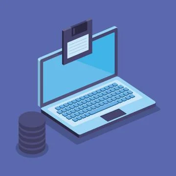 Isometric laptop technology with diskette and hard server tower Stock Illustration