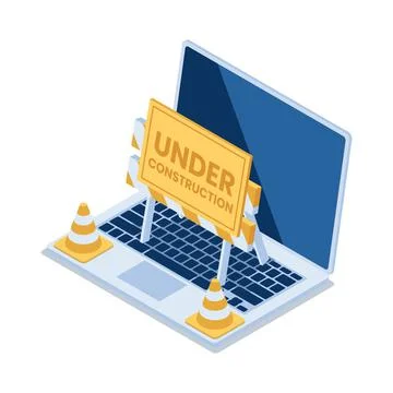 Isometric Laptop with Under Construction Barrier and Traffic Cones Illustrazione stock