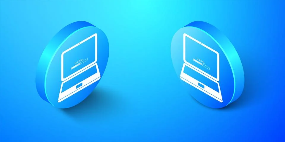 Isometric Laptop update process with loading bar icon isolated on blue Stock Illustration