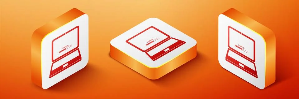 Isometric Laptop update process with loading bar icon isolated on orange Stock Illustration