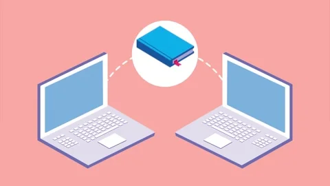 Isometric laptops with books stack sharing knowledge motion graphic animation Stock Footage 333722654