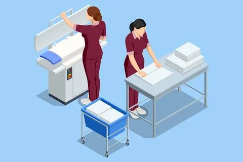 Isometric laundry staff at folding table with clean linen stacks and rolling Stock Illustration