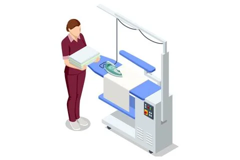 Isometric laundry worker with folded linen near industrial ironing press machine Stock Illustration