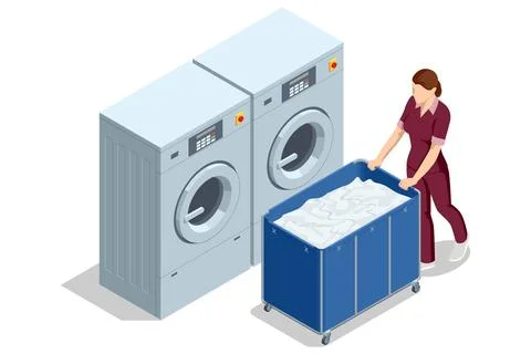 Isometric laundry worker with rolling linen cart beside industrial front load Stock Illustration