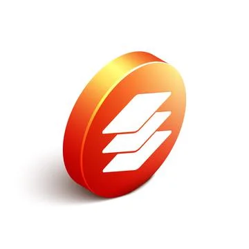 Isometric Layers icon isolated on white background. Orange circle button. Vector Stock Illustration