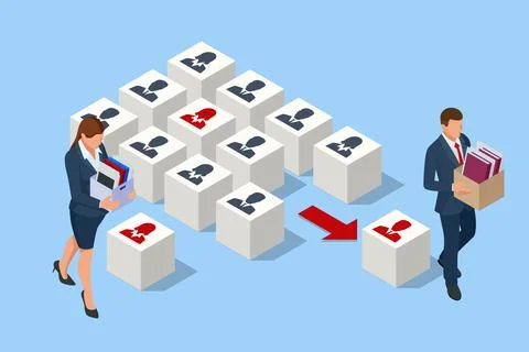 Isometric Layoffs and Dismissal. Workforce Reduction, Downsizing, Reorganization Stock Illustration