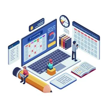 Isometric Learning Management System with Online Course Scheduling Stock Illustration