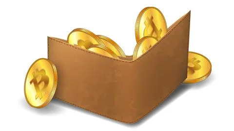Isometric leather wallet full of Bitcoin BTC golden coins isolated on white. Illustrazione stock
