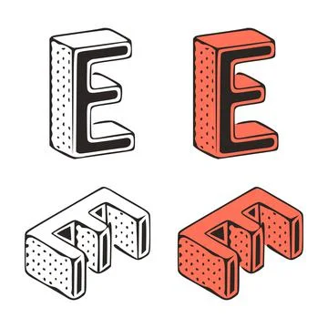 Isometric letter e doodle vector illustration on white background. Stylized l Stock Illustration