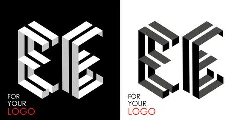 Isometric letter E in two perspectives. From stripes, lines. Template for Stock Illustration