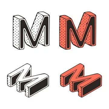 Isometric letter m doodle vector illustration on white background. Stylized l Stock Illustration