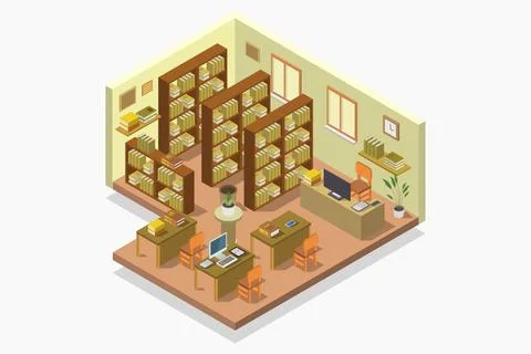 Isometric library room illustrated on background Ilustración de archivo