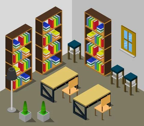 Isometric library room in vector on white background Ilustración de archivo