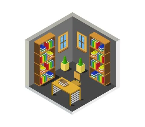 Isometric library room in vector on white background Ilustración de archivo