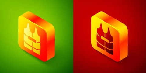 Isometric Life jacket icon isolated on green and red background. Life vest icon Stock Illustration