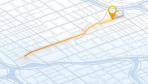 Isometric light blue city map with orange navigation route and yellow location Stock Illustration