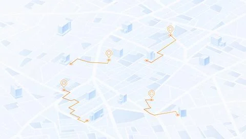 Isometric light blue city map with four orange location pins connected by curved Stock Illustration