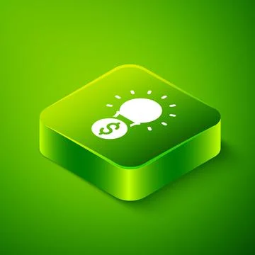 Isometric Light bulb with dollar symbol icon isolated on green background. Money Stock Illustration
