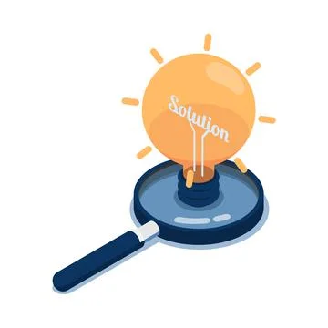 Isometric Light Bulb of Idea with Word Solution Inside Over Magnifying Glass Stock Illustration