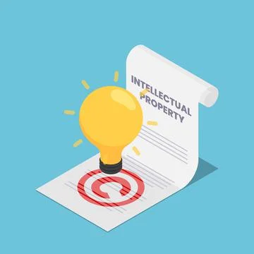 Isometric Light Bulb on Intellectual Property Document Stock Illustration