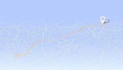 Isometric light city map with orange navigation route and destination pin Stock Illustration