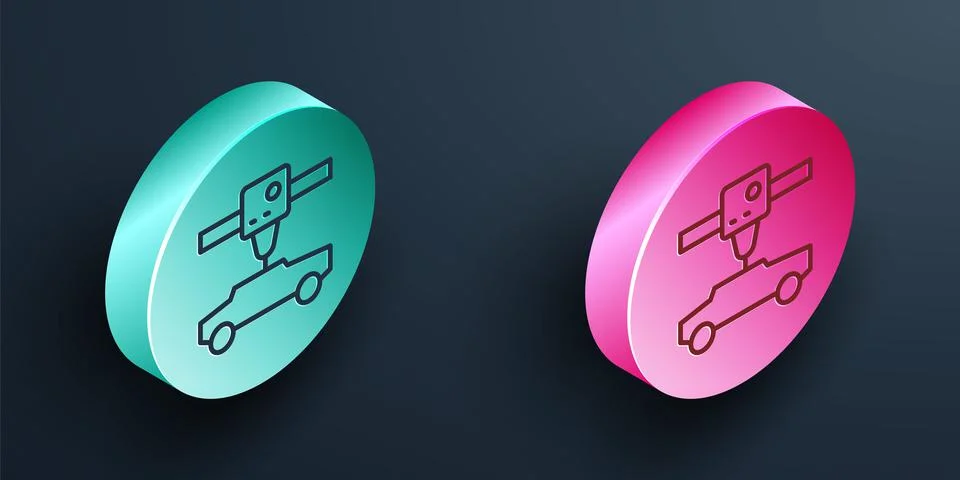 Isometric line 3D printer car icon isolated on black background. 3d printing Illustrazione stock