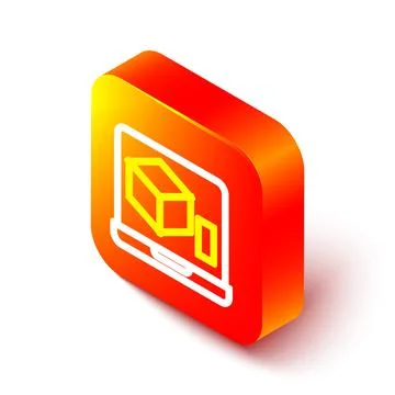 Isometric line 3D printer icon isolated on white background. 3d printing. Orange Stock Illustration
