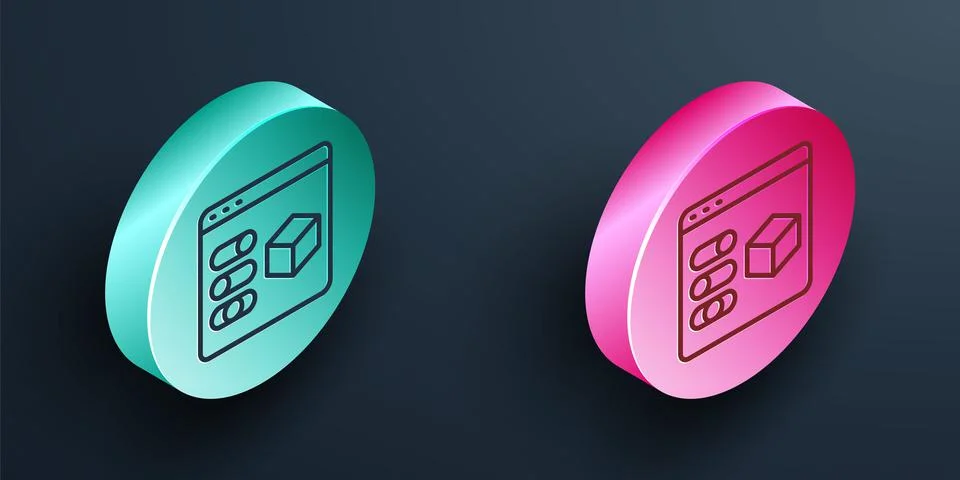 Isometric line 3D printer icon isolated on black background. 3d printing Illustrazione stock