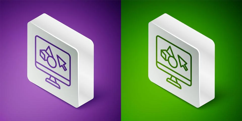 Isometric line 3D printer software icon isolated on purple and green background Ilustração Stock