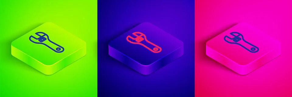 Isometric line Adjustable wrench icon isolated on green, blue and pink Stock Illustration