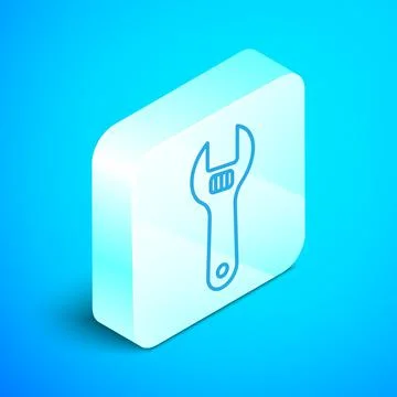 Isometric line Adjustable wrench icon isolated on blue background. Silver square Stock Illustration