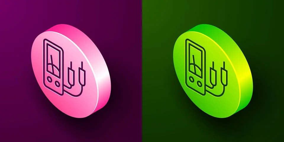 Isometric line Ampere meter, multimeter, voltmeter icon isolated on purple .. Stock Illustration