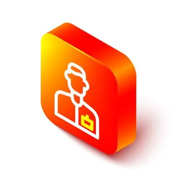 Isometric line Analyst engineer icon isolated on white background. Orange square Stock Illustration