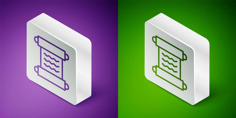 Isometric line Ancient papyrus scroll icon isolated on purple and green Stock Illustration