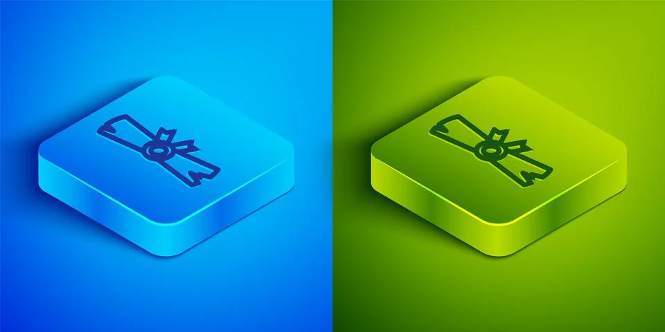 Isometric line Ancient papyrus scroll icon isolated on blue and green background Stock Illustration