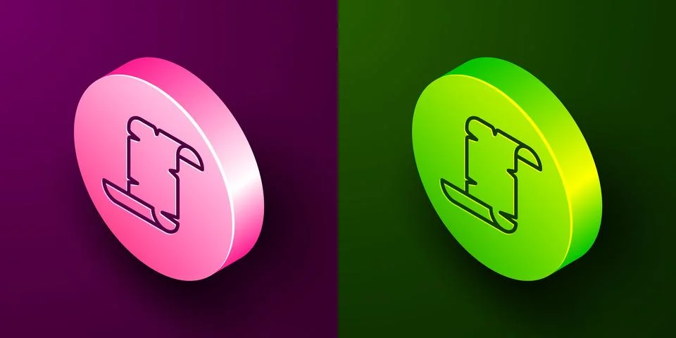 Isometric line Ancient papyrus scroll icon isolated on purple and green bac.. Stock Illustration