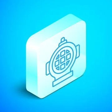 Isometric line Aqualung icon isolated on blue background. Diving helmet. Divi Stock Illustration