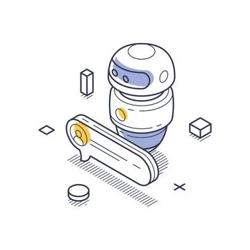 Isometric line art icon features a technical support chat bot. Surrounding ge Stock Illustration
