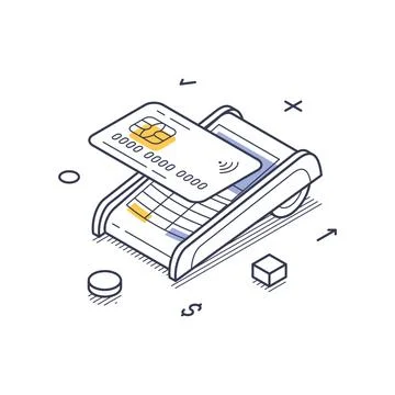 Isometric line art icon representing contactless card payment and online tr.. Illustrazione stock