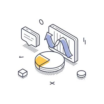 Isometric line art icon representing data analysis. The design features a pie イラスト素材