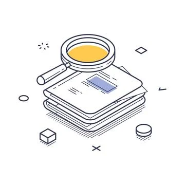 Isometric line art icon representing data analysis. A magnifying glass hovers Stock Illustration