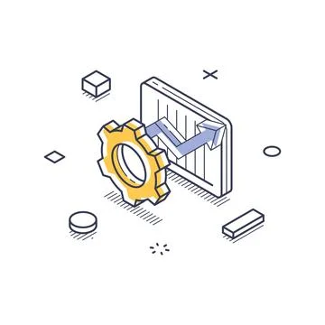 Isometric line art icon representing business solutions with gears and grap.. 库存插图