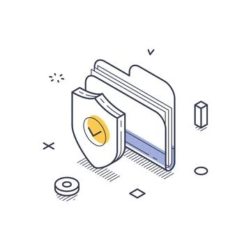 Isometric line art icon representing data protection with a shield and folder Illustrazione stock