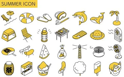Isometric line art illustration of simple summer icon set including beach, .. Stock Illustration
